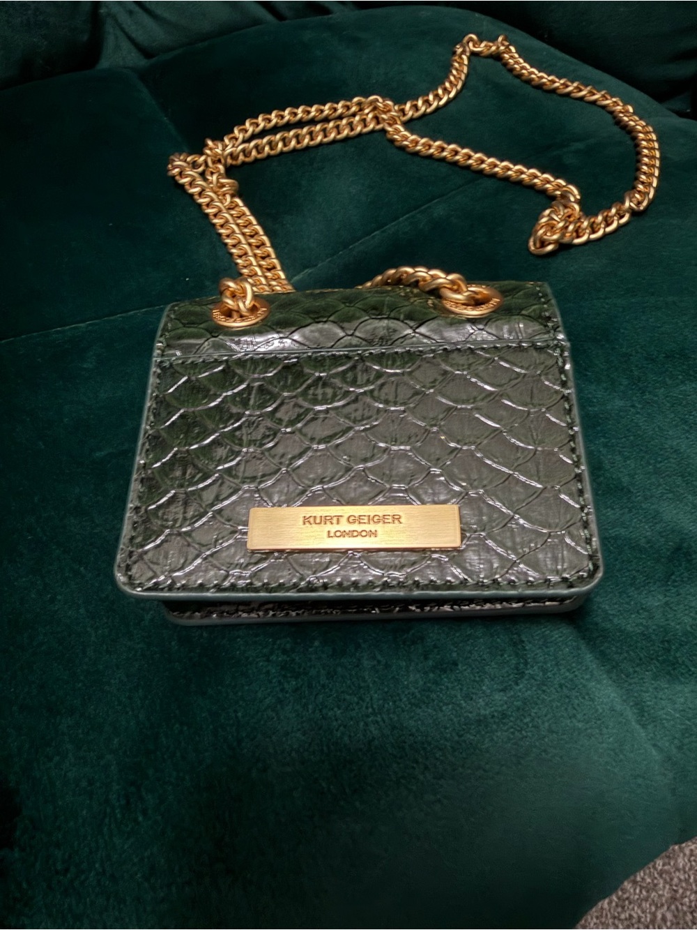 Kurt Geiger Dark Green Croc-Embossed Mini Crossbody with Gold Chain